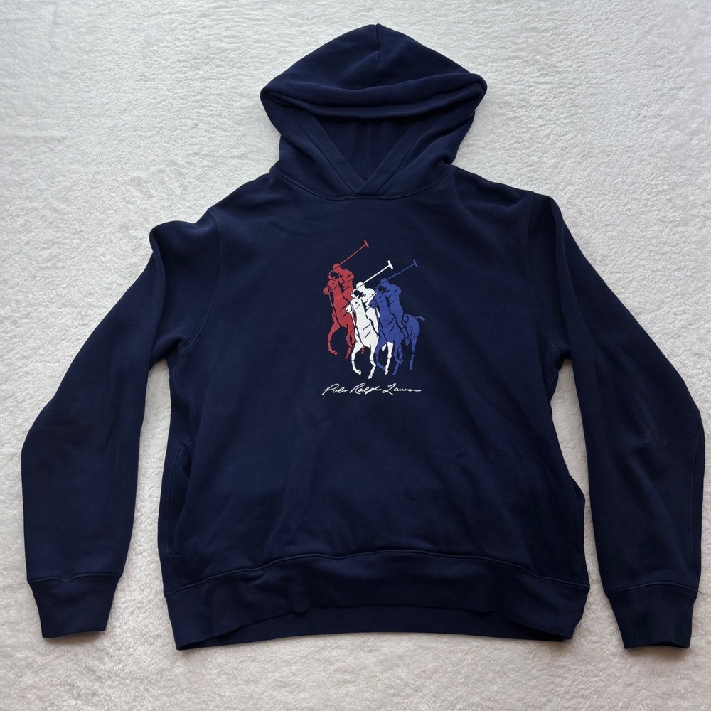 Polo Ralph Lauren Navy Blue Triple Pony Graphic Hoodie XL Youth 18-20